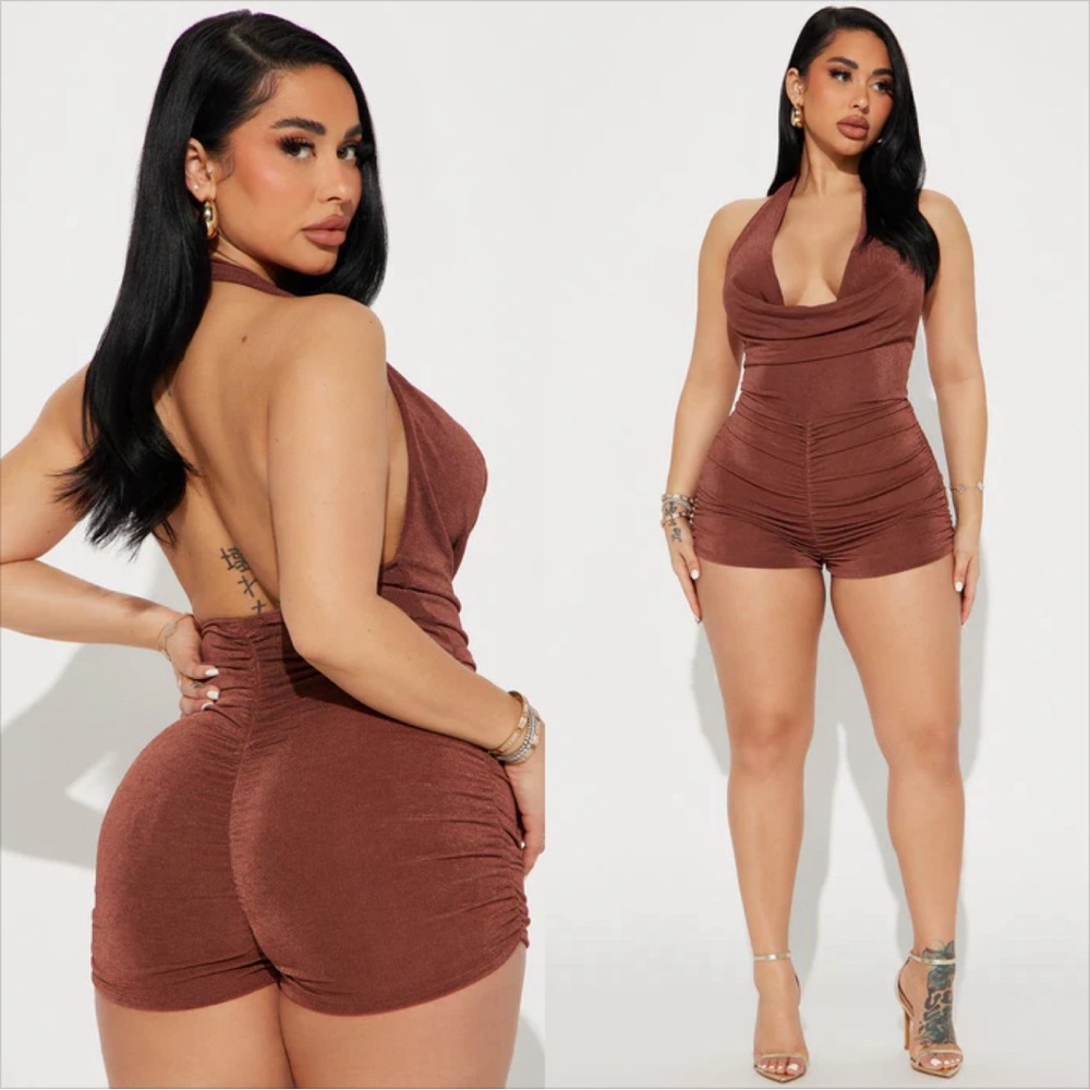 Fashion Nova got to be real slinky Brown Halter romper